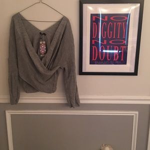 Boohoo gray wrap sweater